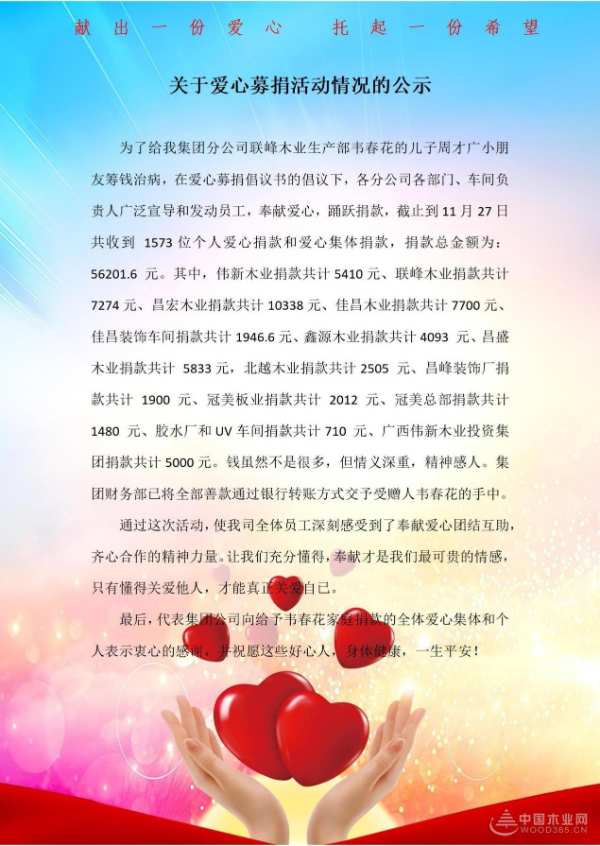 病魔无情 同僚有爱 伟新木业投资集团爱心捐助暖人心