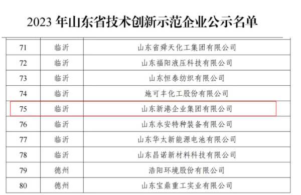 热烈祝贺新港集团入选2023年山东省技术创新示范企业