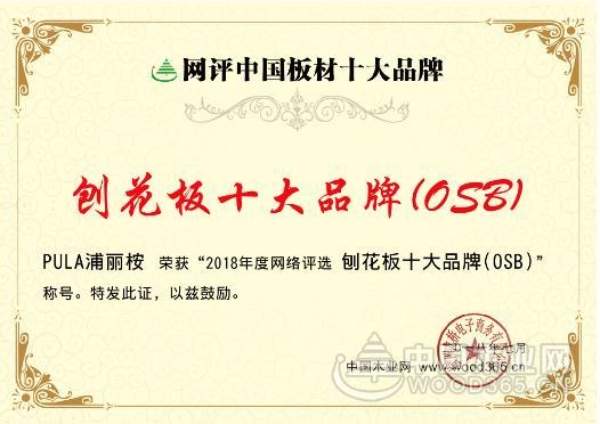 后起之秀 PULA浦丽桉荣获“刨花板十大品牌”荣誉